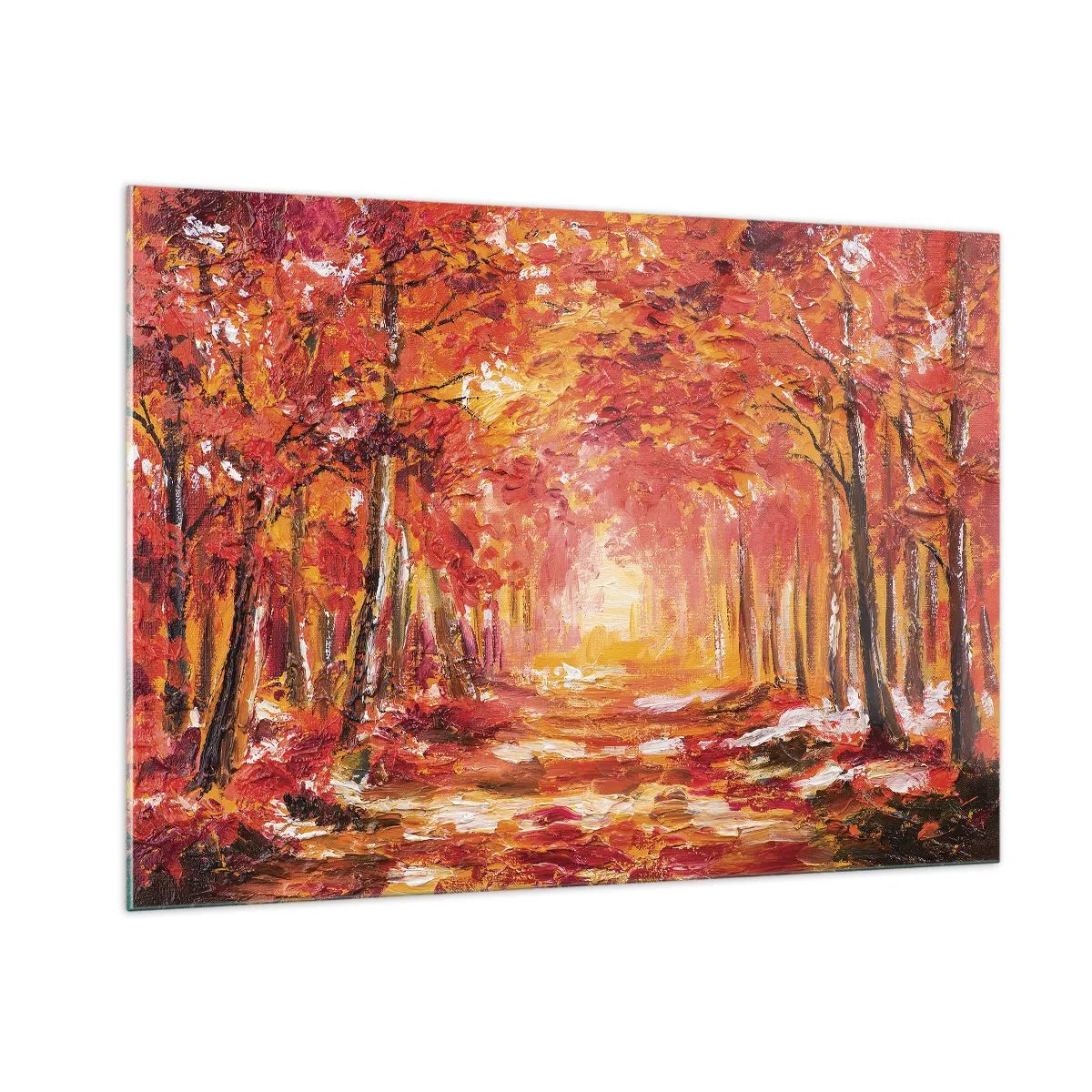 Impression sur verre - Image sur verre - Paysage d'automne avec des arbres aux couleurs chaudes - 100x70cm - Forêt de cuivre - Décoration murale moderne pour le salon et la chambre ARTTOR