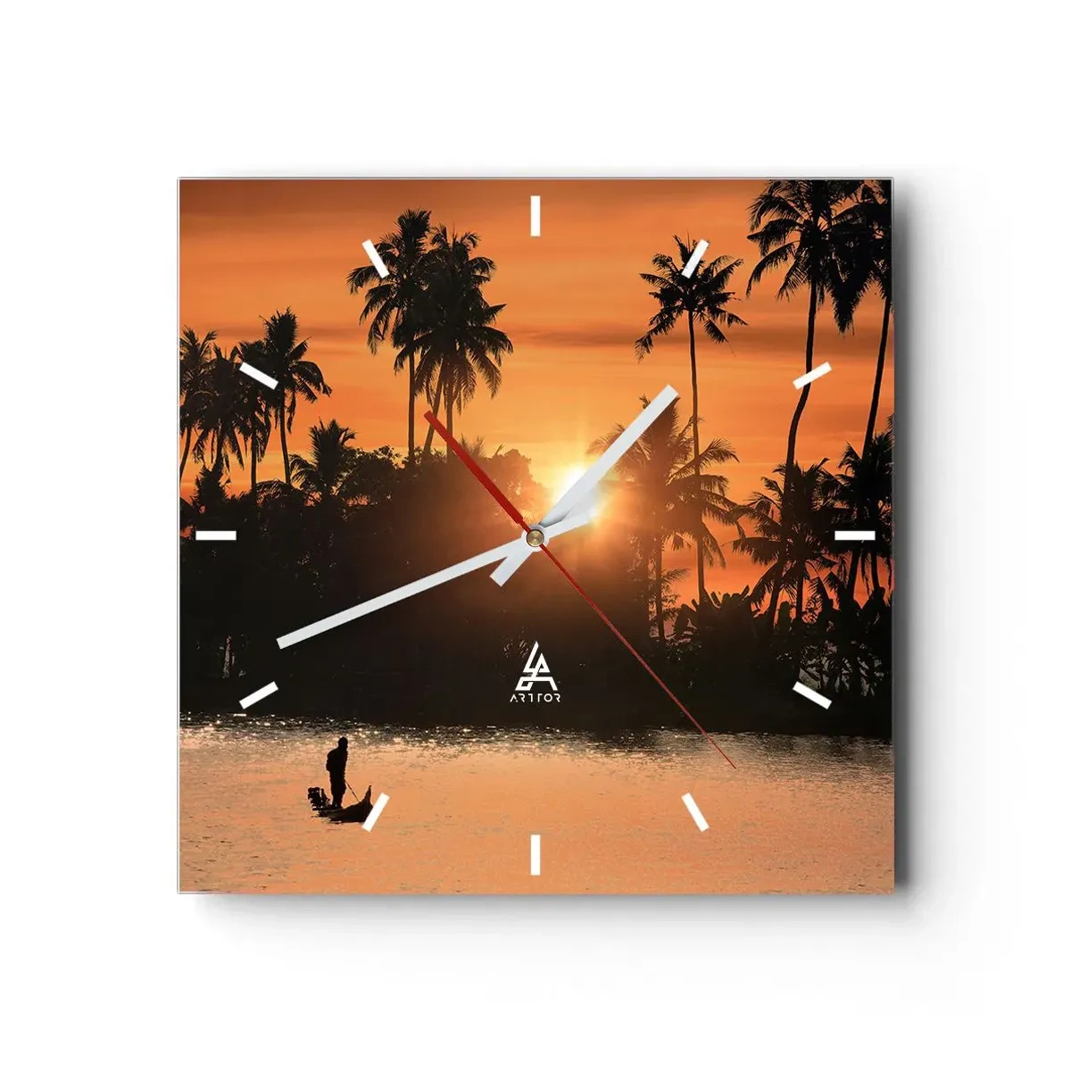 Horloge murale - Pendule murale - Coucher de soleil sur les palmiers et un lac calme avec un bateau - 30x30cm - Il est temps de se détendre - Décoration murale moderne pour le salon et la chambre ARTTOR