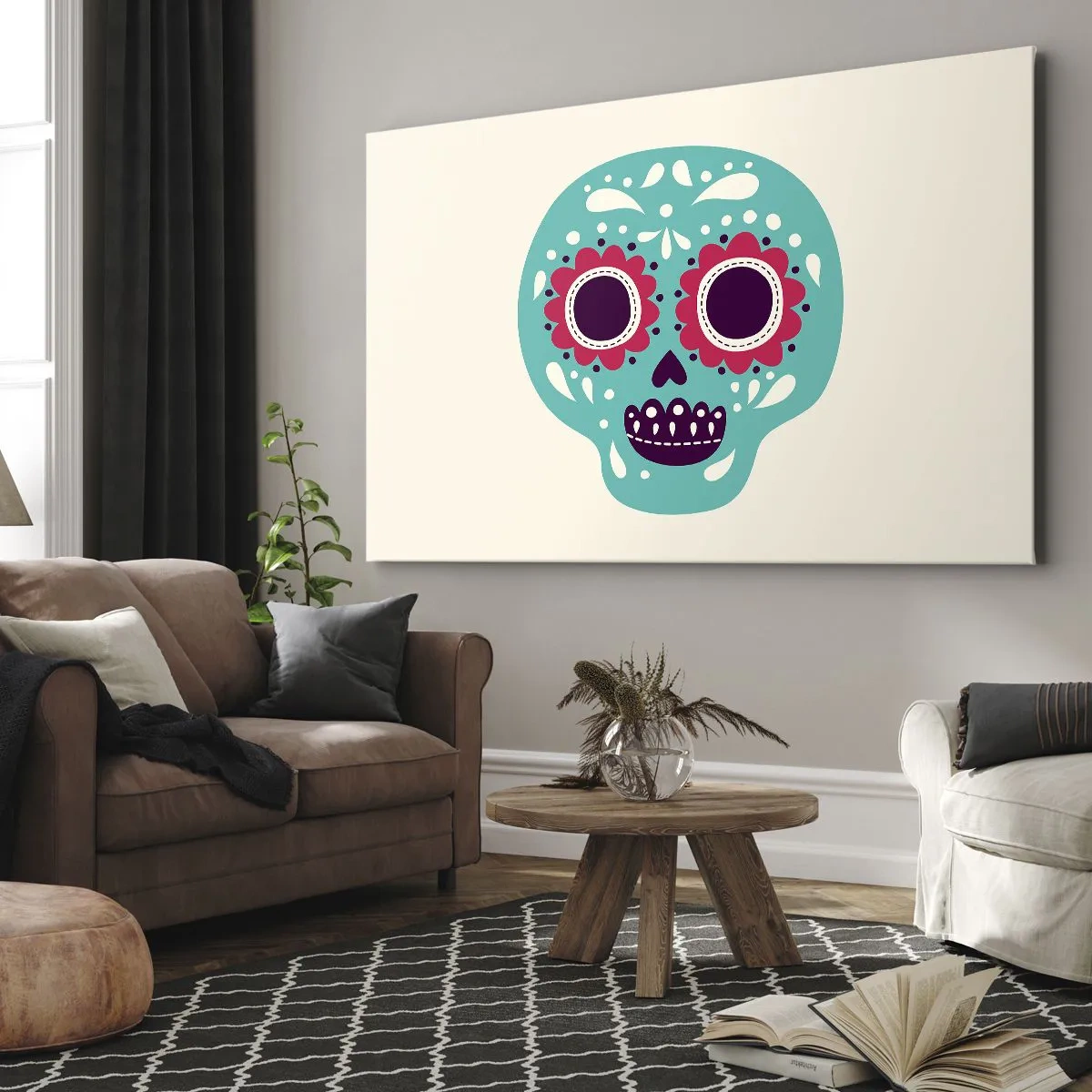 Impression sur toile - Image sur toile - Un crâne en sucre turquoise et violet inspiré de la culture mexicaine - 100x70cm - La vie – du plaisir jusqu'à la mort - Décoration murale moderne pour le salon et la chambre ARTTOR
