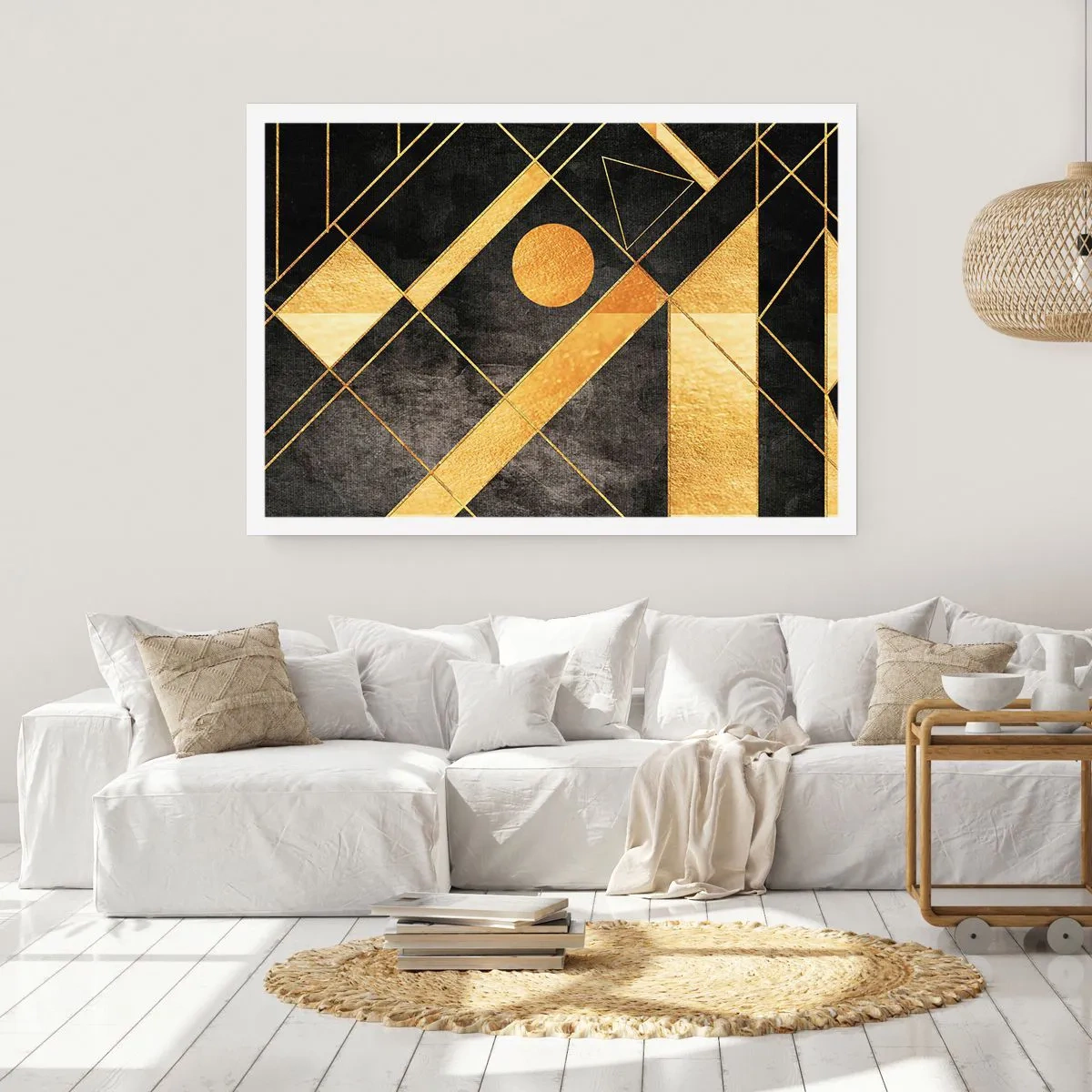 Affiche - Poster - Formes géométriques dans les tons or et noir - 100x70cm - Soleil du désert - Décoration murale moderne pour le salon et la chambre ARTTOR