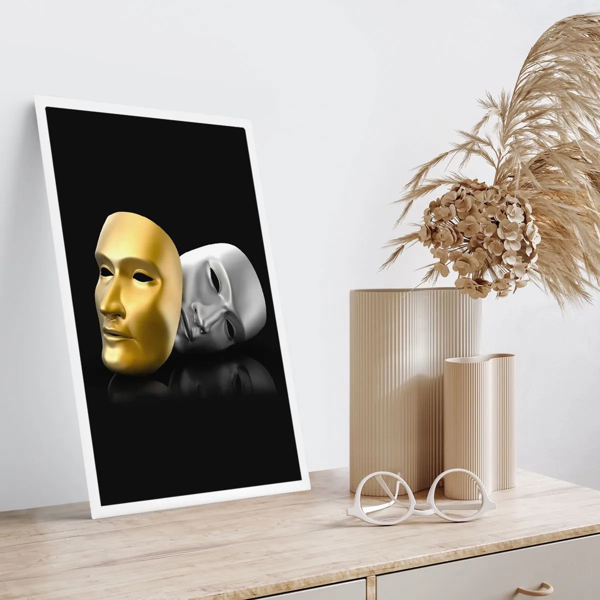 Affiche - Poster - Masque d'or et d'argent sur fond noir - 50x70cm - La vie est un théâtre - Décoration murale moderne pour le salon et la chambre ARTTOR