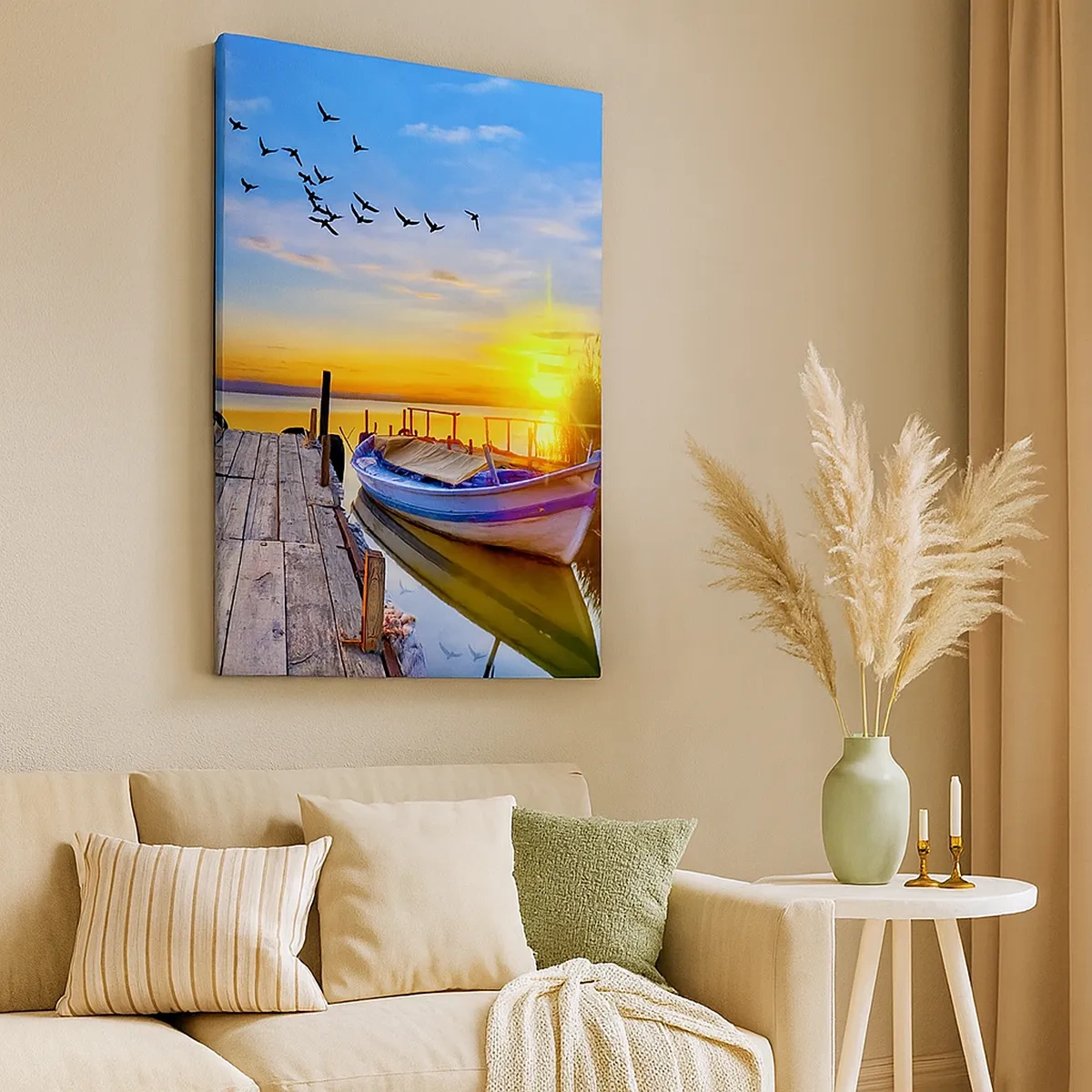 Impression sur toile - Image sur toile - Un bateau sur une jetée en bois au coucher du soleil - 50x70cm - Au revoir, à demain - Décoration murale moderne pour le salon et la chambre ARTTOR