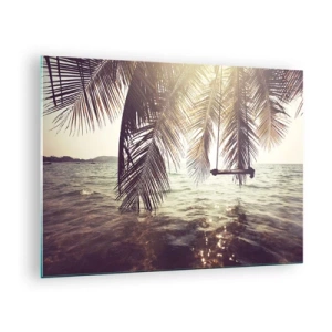 Impression sur verre - Image sur verre - Une plage avec des palmiers et une balançoire sur une mer calme - 70x50cm - Vous pouvez vous balancer dans les nuages 