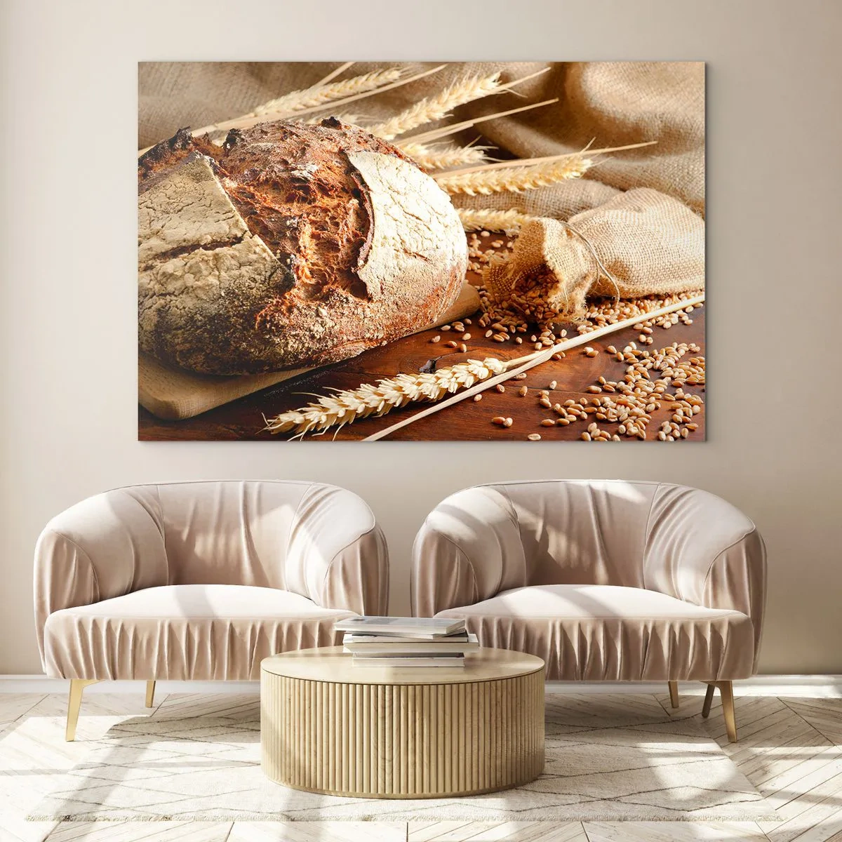 Impression sur verre - Image sur verre - Pain sur une planche avec des épis de blé et des sacs de céréales - 100x70cm - Appétissant, parfumé, croquant - Décoration murale moderne pour le salon et la chambre ARTTOR