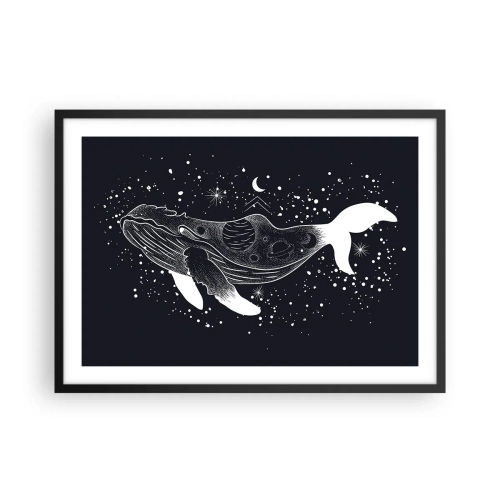 Affiche dans un cadre noir - Poster - Une illustration graphique d'une baleine dans un style de l'ère spatiale. - 70x50cm - Dans l'océan de l'univers - Décoration murale moderne pour le salon et la chambre ARTTOR