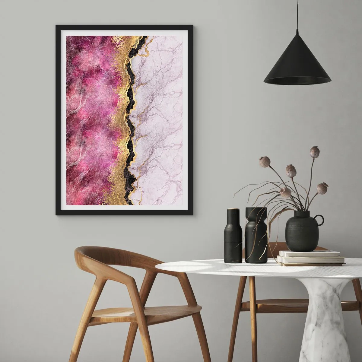 Affiche dans un cadre noir - Poster - Abstraction avec un motif en marbre et des accents dorés - 50x70cm - À la frontière - Décoration murale moderne pour le salon et la chambre ARTTOR