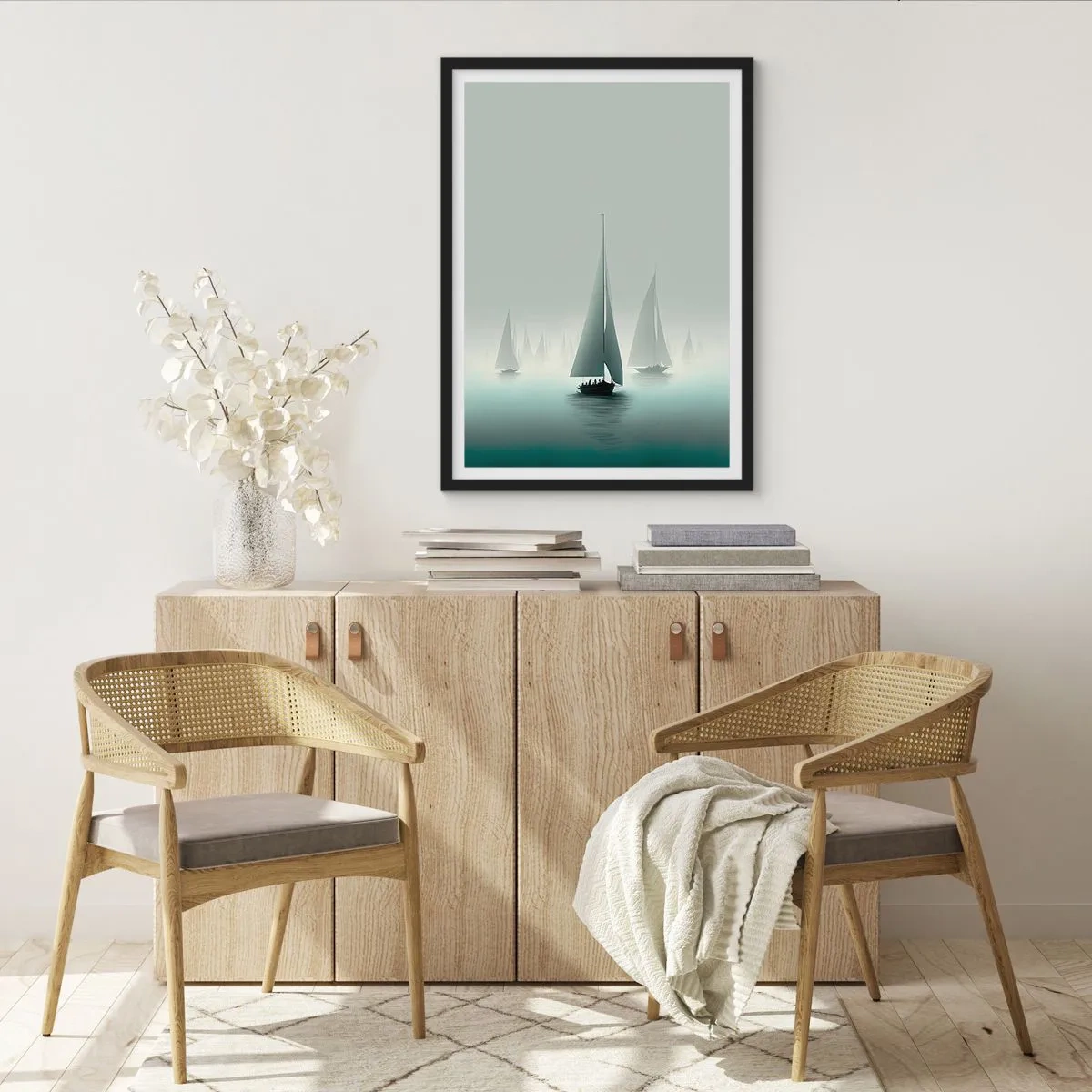Affiche dans un cadre noir - Poster - Un groupe de voiliers naviguant sur une mer brumeuse, entouré d'eaux calmes. - 50x70cm - Fait de brouillard - Décoration murale moderne pour le salon et la chambre ARTTOR