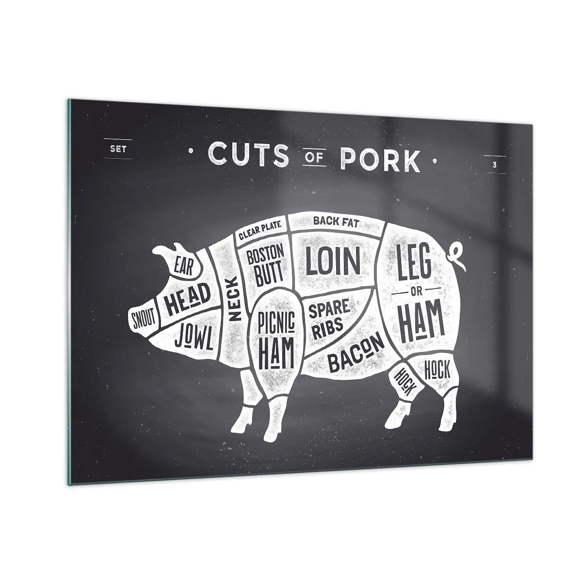 Impression sur verre - Image sur verre - Diagramme des coupes de porc sur un tableau noir - 100x70cm - L'art de la découpe - Décoration murale moderne pour le salon et la chambre ARTTOR