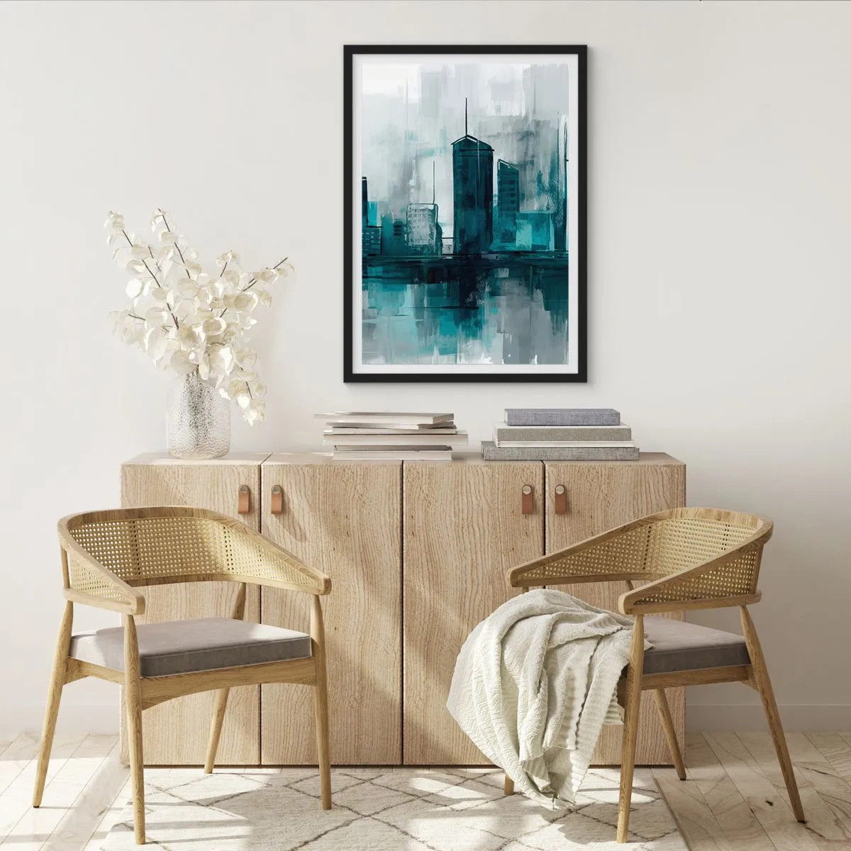 Affiche dans un cadre noir - Poster - Un panorama urbain moderne dans des tons bleus - 50x70cm - Une ville couleur de pluie - Décoration murale moderne pour le salon et la chambre ARTTOR