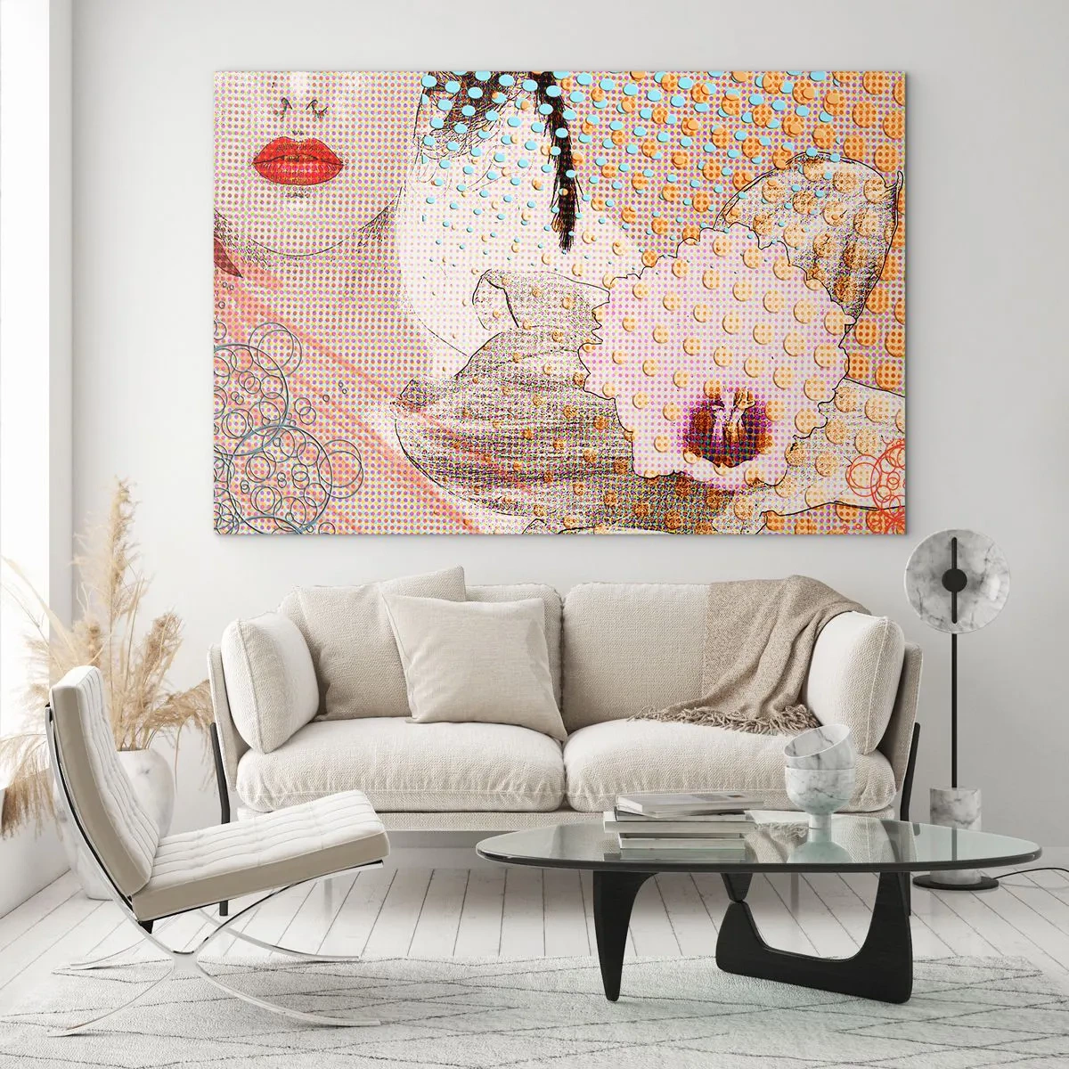 Impression sur verre - Image sur verre - Illustration d'un portrait de femme avec une fleur en arrière-plan dans le style pop art - 70x50cm - Héroïne de bande dessinée - Décoration murale moderne pour le salon et la chambre ARTTOR