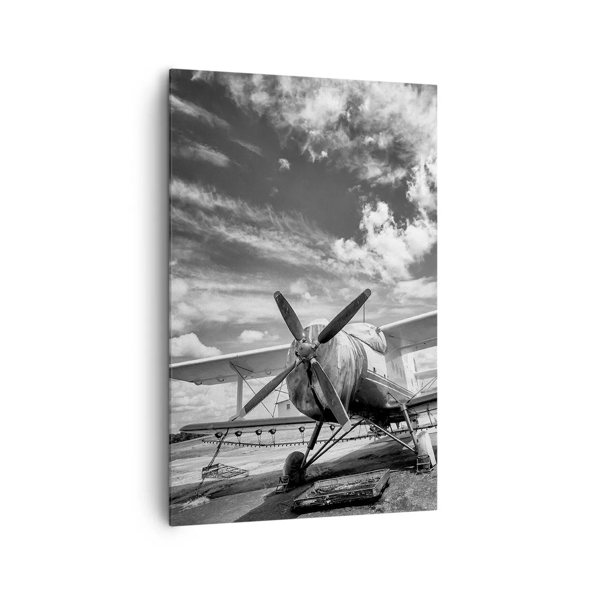 Impression sur toile - Image sur toile - Un vieil avion à l'aéroport en noir et blanc - 80x120cm - Je suis impatient! - Décoration murale moderne pour le salon et la chambre ARTTOR