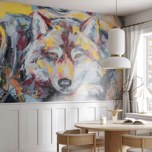 Papier Peint Photo Premium Sand - Un portrait pictural d'un loup aux couleurs expressives - 100x70cm - En paix au milieu des siens - Décoration murale moderne pour le salon et la chambre ARTTOR