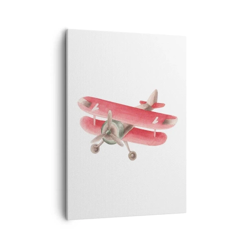 Impression sur toile - Image sur toile - Avion rétro rouge sur fond blanc - 50x70cm - Prêt pour les hauts vols - Décoration murale moderne pour le salon et la chambre ARTTOR