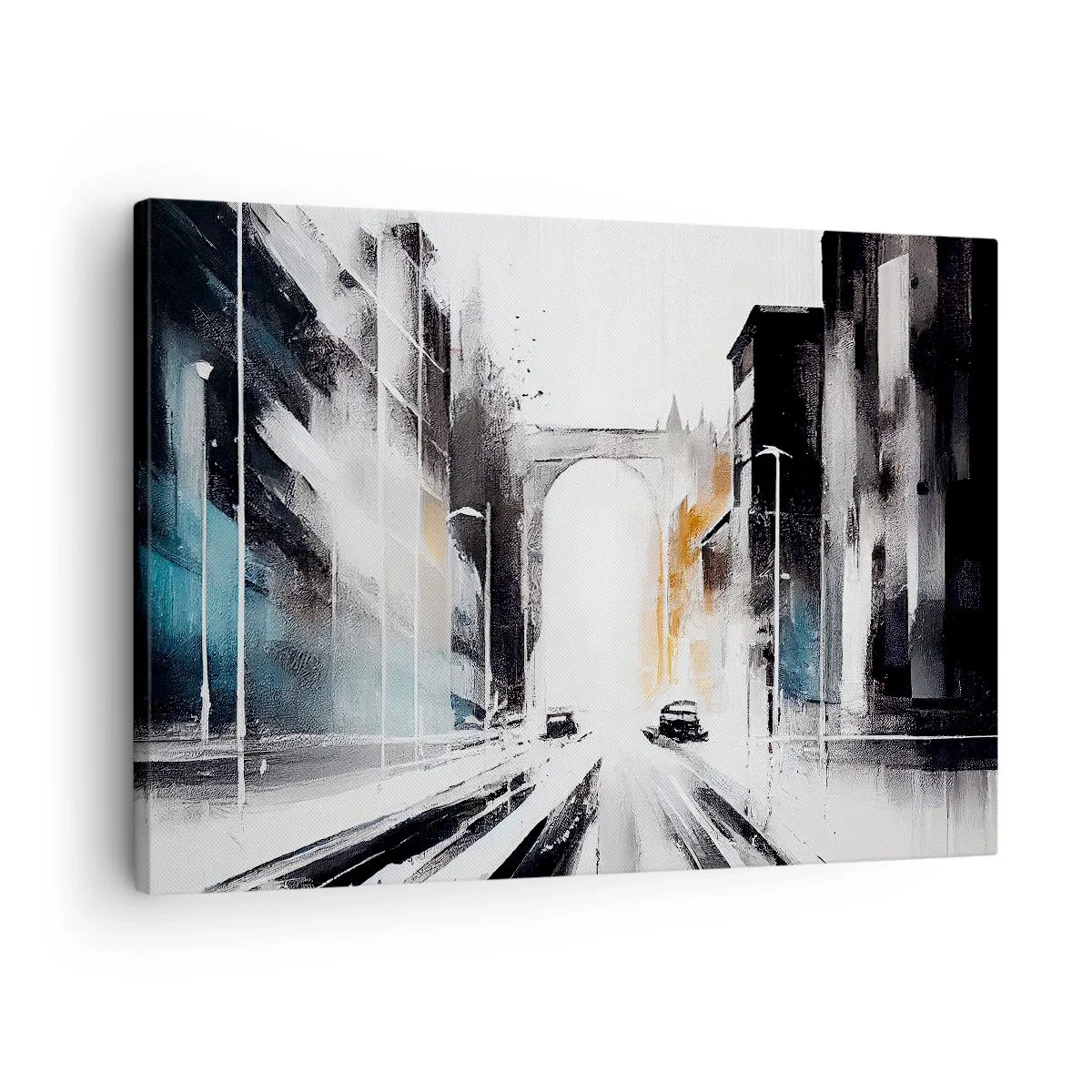 Impression sur toile - Image sur toile - Panorama abstrait de la ville avec un pont en arc - 70x50cm - Étude de ville : architecture et mouvement - Décoration murale moderne pour le salon et la chambre ARTTOR