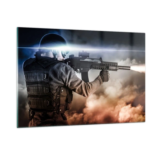 Impression sur verre - Image sur verre - Un soldat en action tirant avec un fusil sur fond de fumée. - 120x80cm - Tout simplement un héros - Décoration murale moderne pour le salon et la chambre ARTTOR