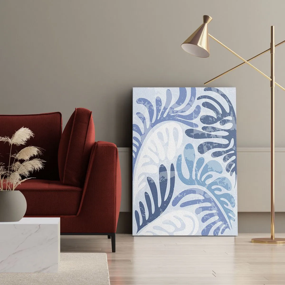 Impression sur toile - Image sur toile - Formes abstraites dans des tons de bleu sur fond blanc - 50x70cm - Fougères bleues - Décoration murale moderne pour le salon et la chambre ARTTOR