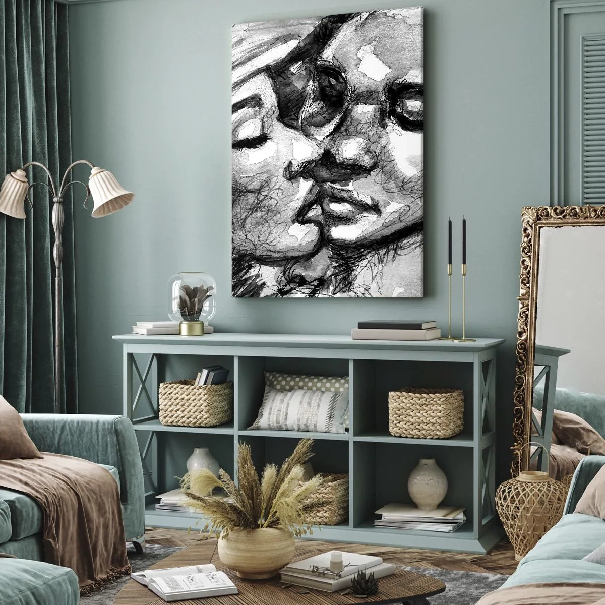 Impression sur toile - Image sur toile - Une aquarelle en noir et blanc représentant un moment intime entre deux personnes. - 80x120cm - Un moment tendre - Décoration murale moderne pour le salon et la chambre ARTTOR