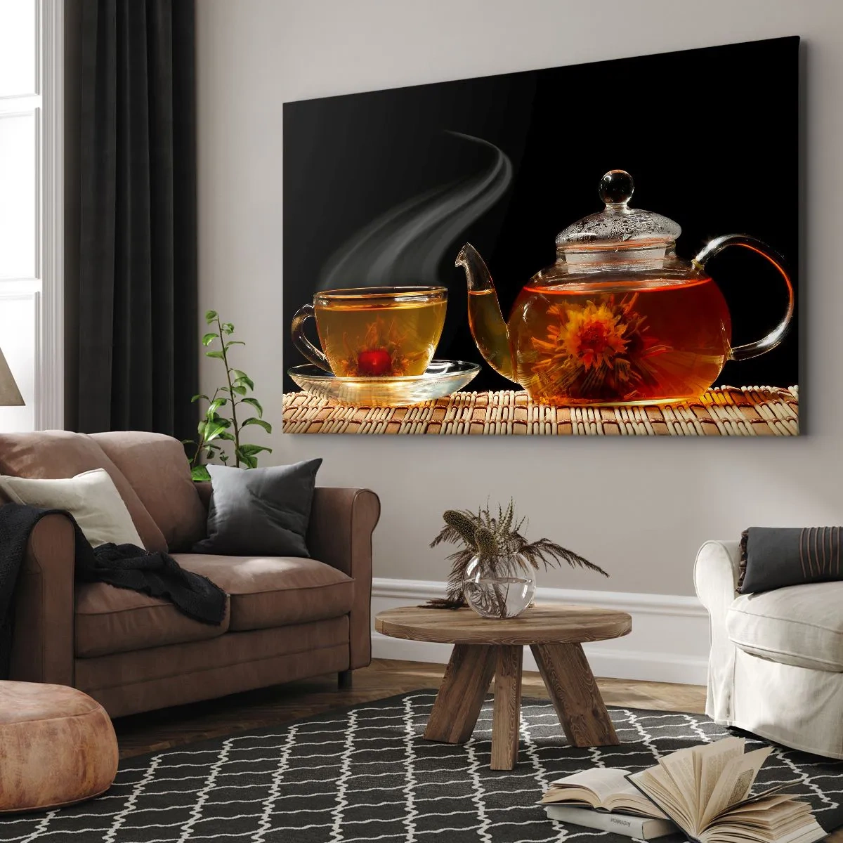Impression sur toile - Image sur toile - Théière en verre avec thé aux fleurs et une tasse - 70x50cm - La magie et l'art de l'infusion du thé - Décoration murale moderne pour le salon et la chambre ARTTOR