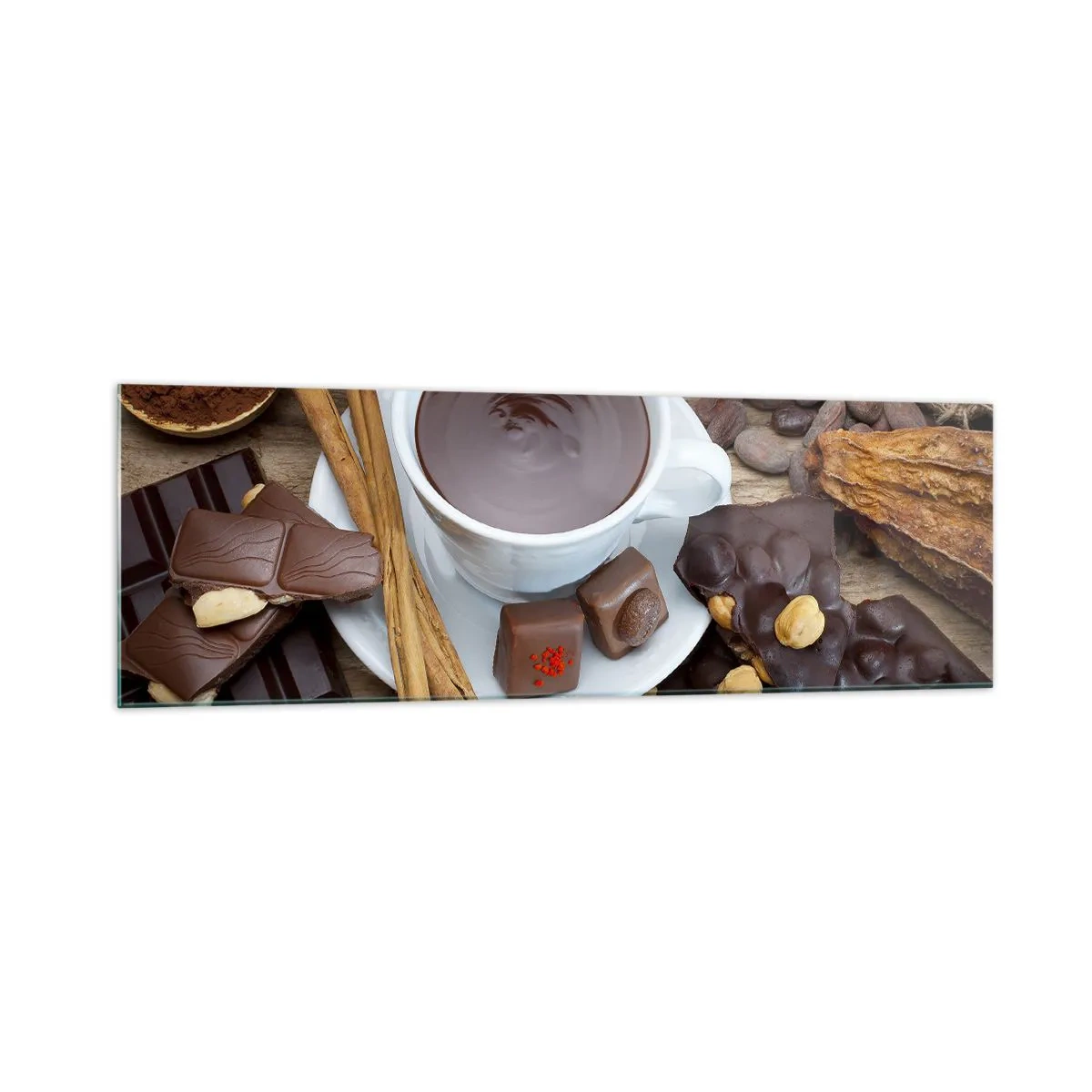 Impression sur verre - Image sur verre - Une tasse de chocolat chaud entourée d'ingrédients de dessert - 160x50cm - D'une chocolaterie de conte de fées - Décoration murale moderne pour le salon et la chambre ARTTOR