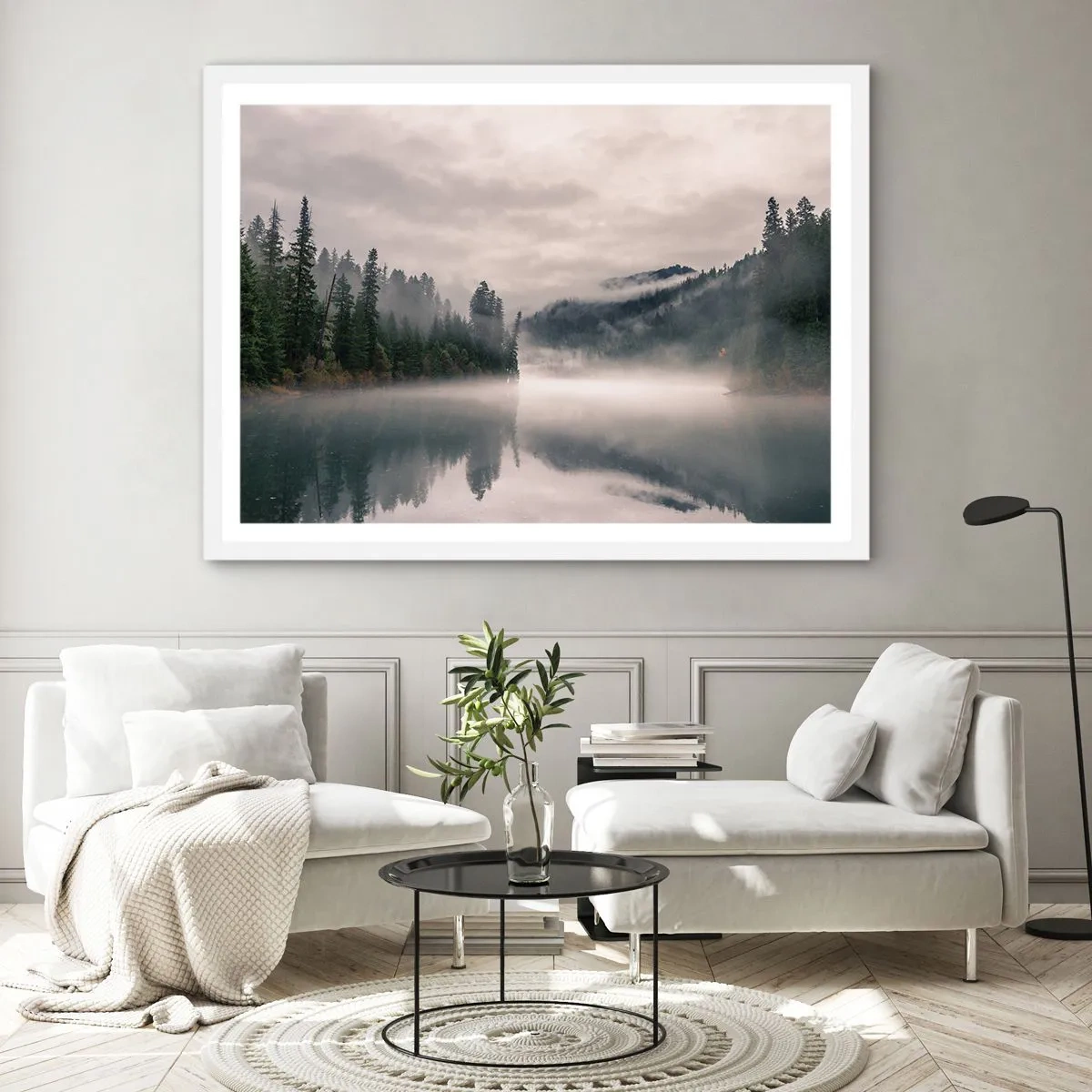 Affiche dans un cadre blanc - Poster - Reflet dans le brouillard - 40x30 cm