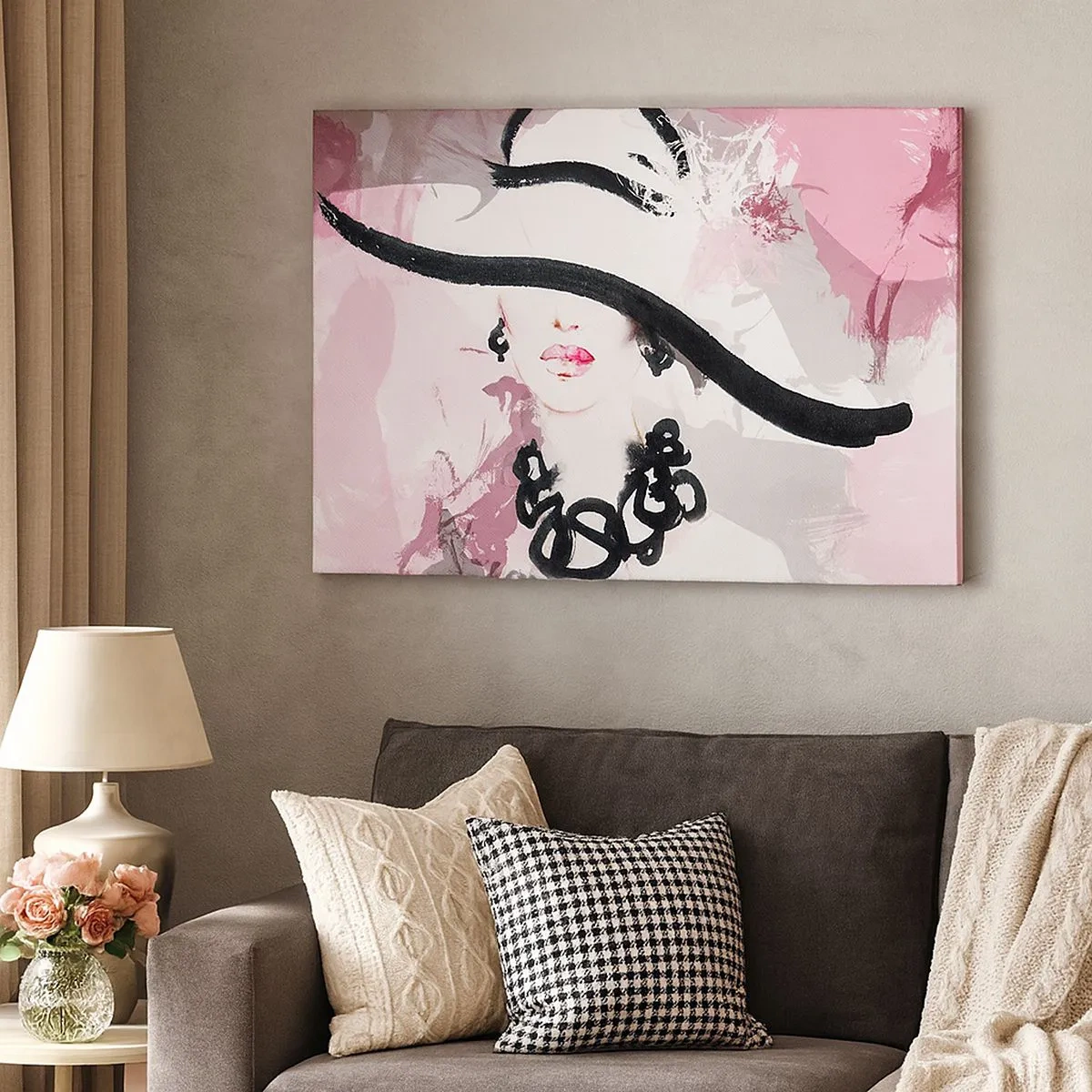 Impression sur toile - Image sur toile - Une femme élégante avec un chapeau sur un fond d'abstractions roses. - 70x50cm - Portrait d'une dame en noir et rose - Décoration murale moderne pour le salon et la chambre ARTTOR