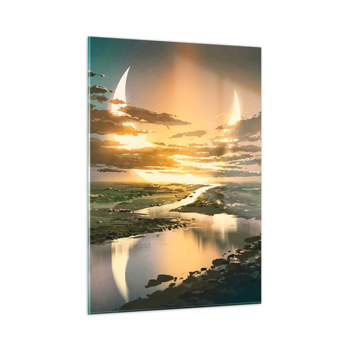 Impression sur verre - Image sur verre - Un paysage fantastique avec une double lune sur la rivière - 50x70cm - Quelque part dans une galaxie lointaine, très lointaine - Décoration murale moderne pour le salon et la chambre ARTTOR