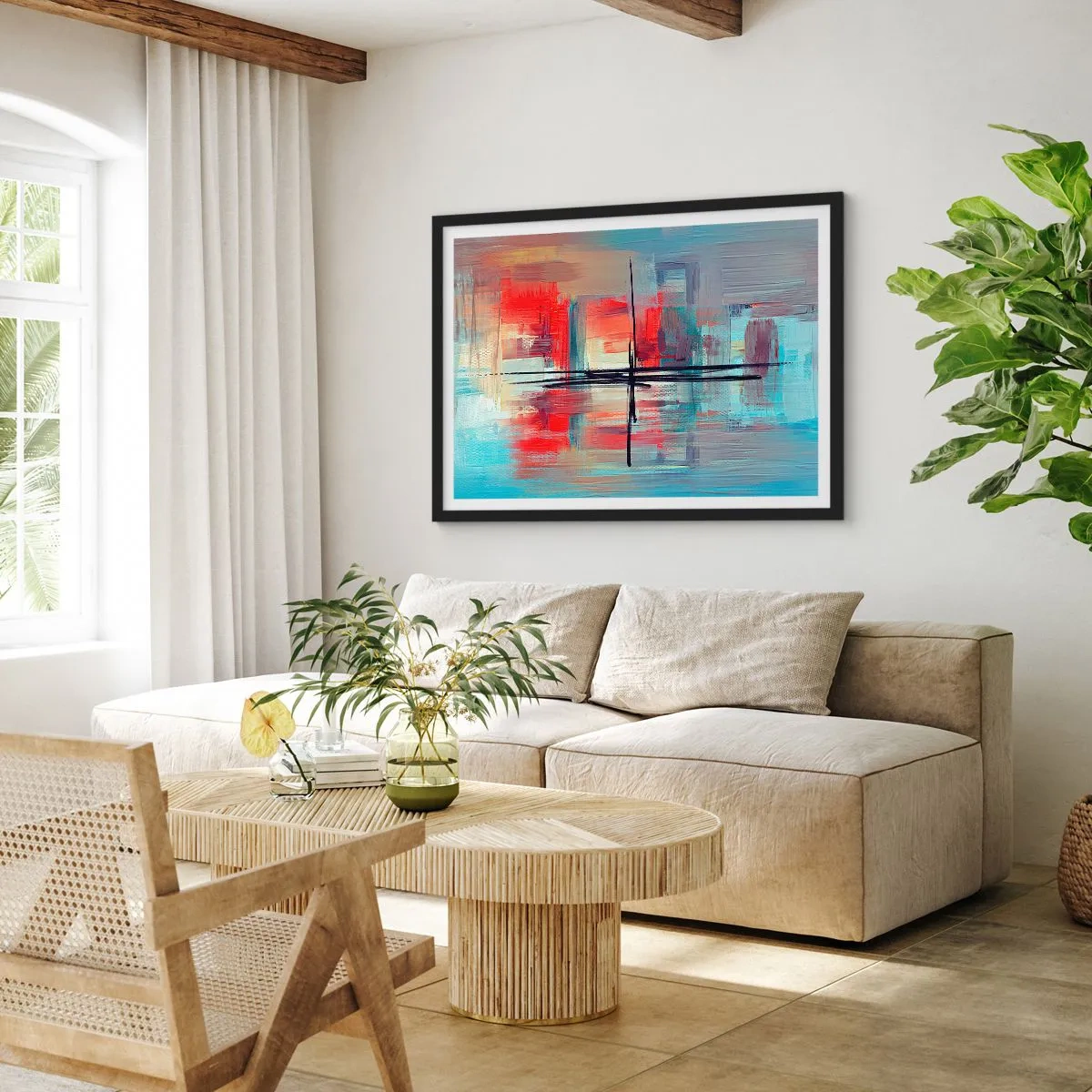 Affiche dans un cadre noir - Poster - Une composition abstraite aux couleurs intenses, aux lignes et aux formes géométriques. - 70x50cm - Un paysage dans une dimension inconnue - Décoration murale moderne pour le salon et la chambre ARTTOR