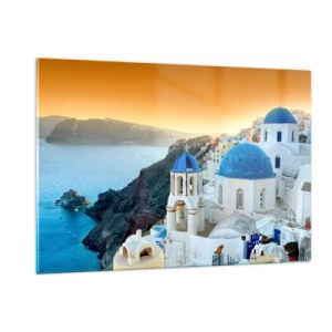 Impression sur verre - Image sur verre - Vue de Santorin avec ses dômes bleus et ses falaises - 120x80cm - Santorin - blotti contre les rochers - Décoration murale moderne pour le salon et la chambre ARTTOR