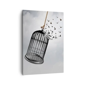 Impression sur toile - Image sur toile - Des oiseaux s'envolent d'une cage dans le ciel - 50x70cm - Foie...Espoir...Liberté! - Décoration murale moderne pour le salon et la chambre ARTTOR