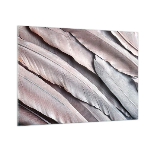 Impression sur verre - Image sur verre - Gros plan de plumes pastel dans des tons de rose et d'argent - 100x70cm - En argent rose - Décoration murale moderne pour le salon et la chambre ARTTOR