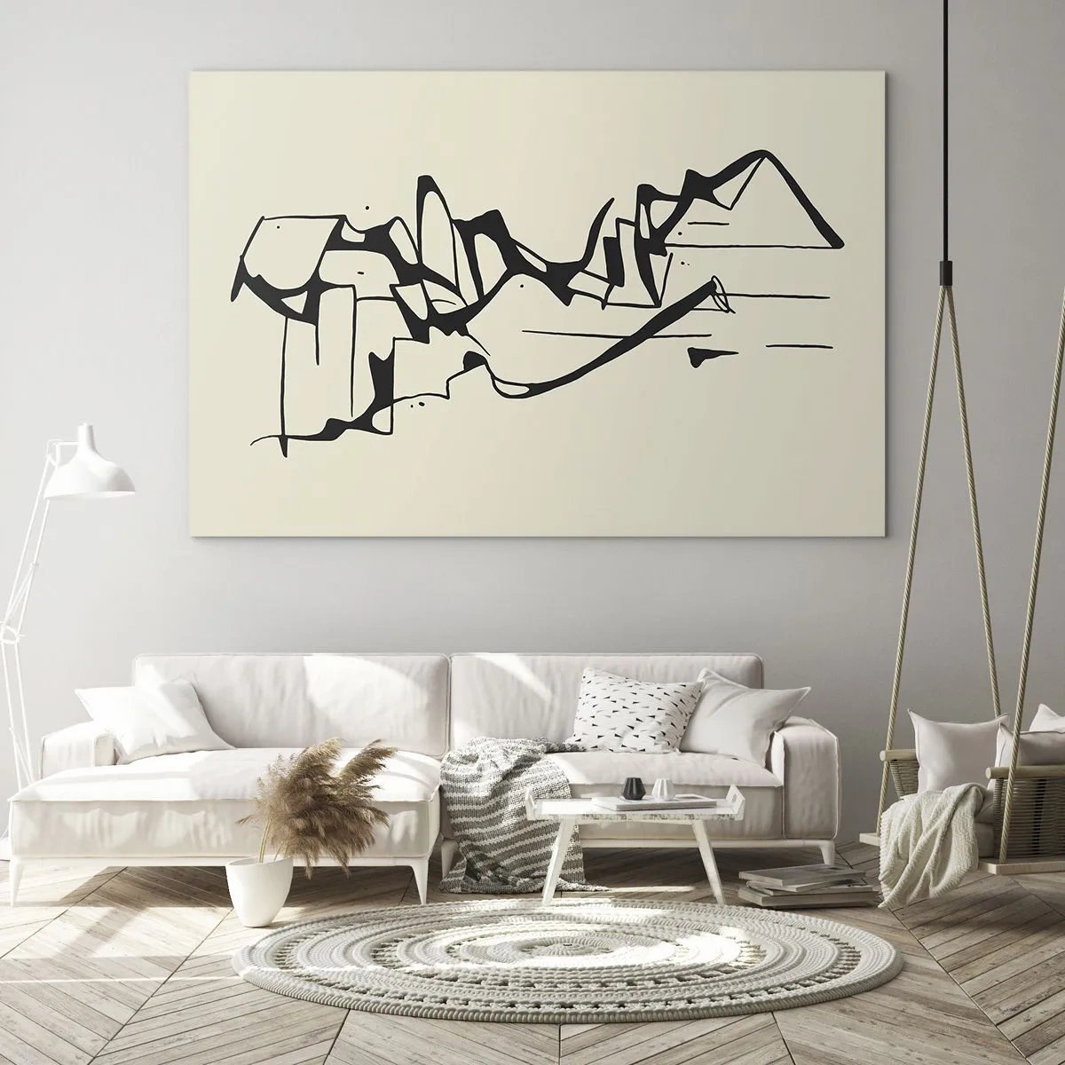Impression sur verre - Image sur verre - Ligne abstraite noire et blanche formant le contour d'un paysage - 70x50cm - Peut-être un paysage - Décoration murale moderne pour le salon et la chambre ARTTOR