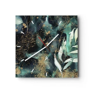 Horloge murale - Pendule murale - Feuilles élégantes sur un fond sombre avec des accents dorés - 30x30cm - Jardin magique - Décoration murale moderne pour le salon et la chambre ARTTOR
