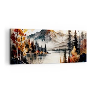 Impression sur toile - Image sur toile - Paysage de montagne d'automne avec un lac et des arbres à l'aquarelle - 120x50cm - Automne doré dans les montagnes - Décoration murale moderne pour le salon et la chambre ARTTOR