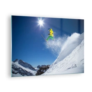 Impression sur verre - Image sur verre - Un skieur en action sur fond de montagnes enneigées - 70x50cm - Danse avec les montagnes - Décoration murale moderne pour le salon et la chambre ARTTOR