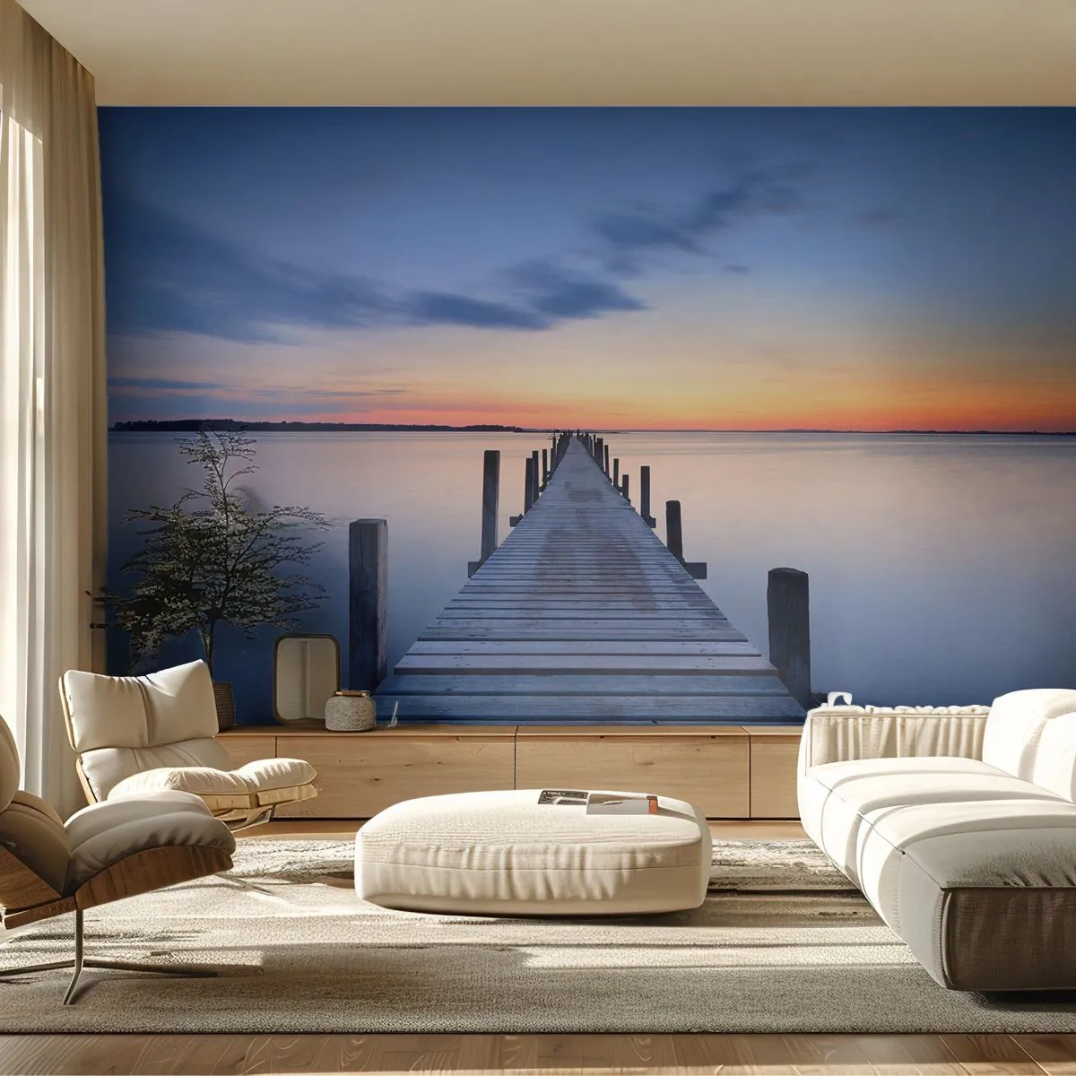 Papier Peint Autocollant Deluxe Sticker - Le calme d'un crépuscule serein - Paysage, Baie, Pont de bois - 250x175 cm