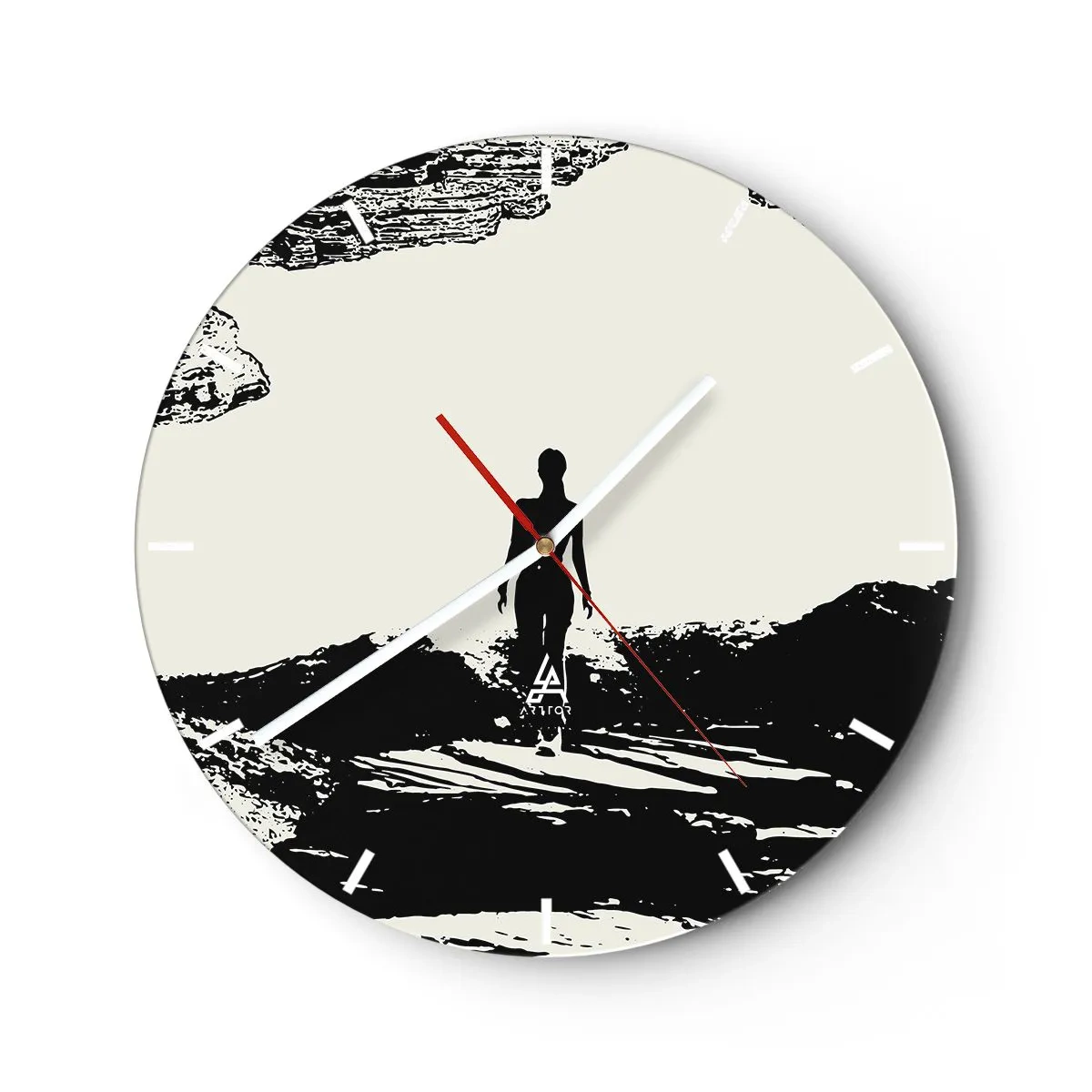 Horloge murale - Pendule murale - Silhouette noire et blanche d'une femme sur un paysage rocheux - 30x30cm - Nouveau look - Décoration murale moderne pour le salon, la cuisine et la chambre ARTTOR