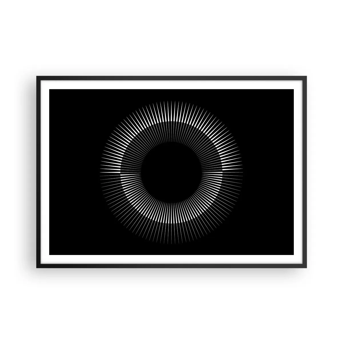 Affiche dans un cadre noir - Poster - Cercle graphique avec des rayons en noir et blanc - 100x70cm - Soleil noir - Décoration murale moderne pour le salon et la chambre ARTTOR