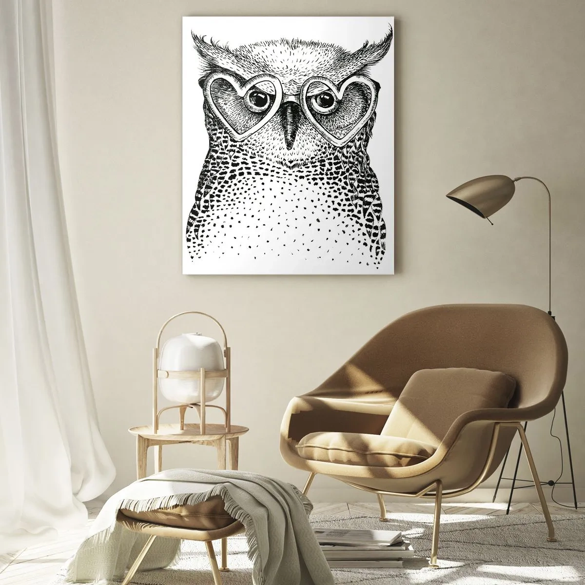 Impression sur verre - Image sur verre - Graphique élégant d'un hibou portant des lunettes en forme de cœur - 80x120cm - Sagement et avec amour - Décoration murale moderne pour le salon et la chambre ARTTOR