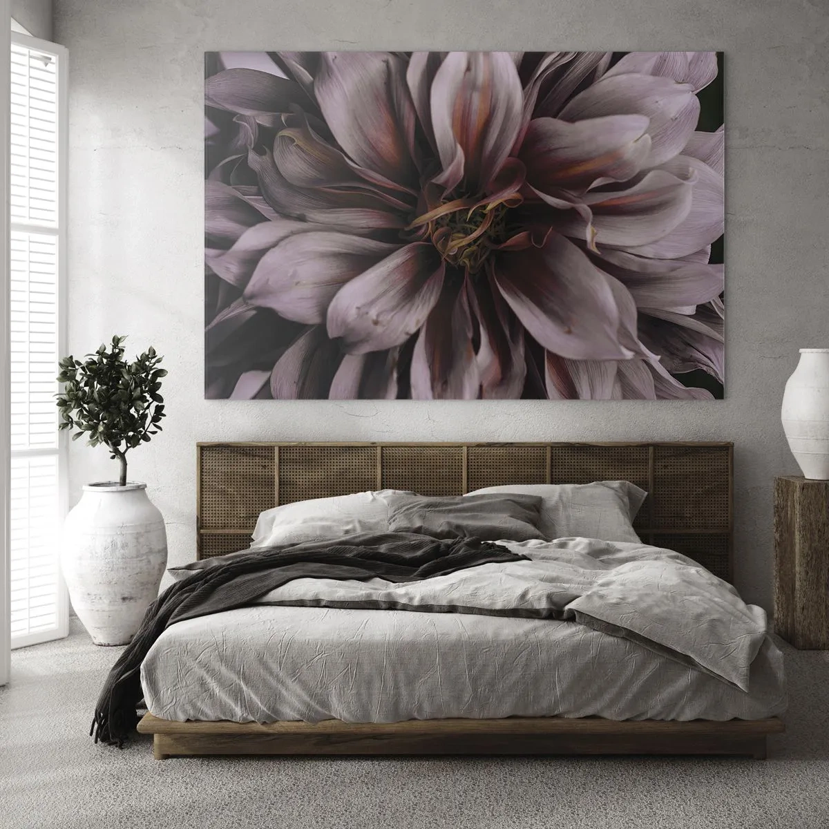 Impression sur verre - Image sur verre - Gros plan d'une fleur sombre aux pétales violets et bordeaux - 70x50cm - Un coeur fleuri - Décoration murale moderne pour le salon et la chambre ARTTOR