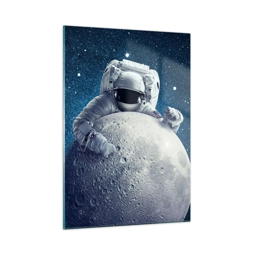 Impression sur verre - Image sur verre - Un astronaute étreignant la lune dans un ciel étoilé - 50x70cm - Comique de l'espace - Décoration murale moderne pour le salon et la chambre ARTTOR