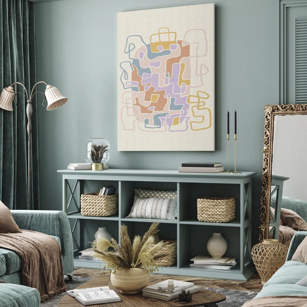 Impression sur toile - Image sur toile - Lignes abstraites pastel créant des motifs géométriques - 80x120cm - Labyrinthe – une aventure joyeuse - Décoration murale moderne pour le salon et la chambre ARTTOR