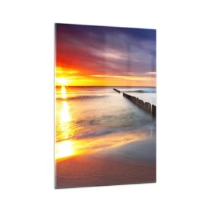 Impression sur verre - Image sur verre - Coucher de soleil sur la mer avec un brise-lames au premier plan - 70x100cm - Ecoute le silence - Décoration murale moderne pour le salon et la chambre ARTTOR