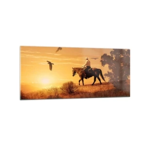 Impression sur verre - Image sur verre - Un cavalier sur un cheval au coucher du soleil contre la prairie - 120x50cm - Seul à travers la prairie - Décoration murale moderne pour le salon et la chambre ARTTOR