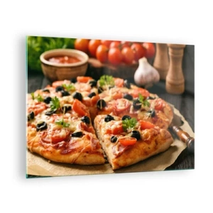 Impression sur verre - Image sur verre - Pizza appétissante aux tomates, olives et herbes - 70x50cm - Tu t'en es encore tiré - Décoration murale moderne pour le salon et la chambre ARTTOR