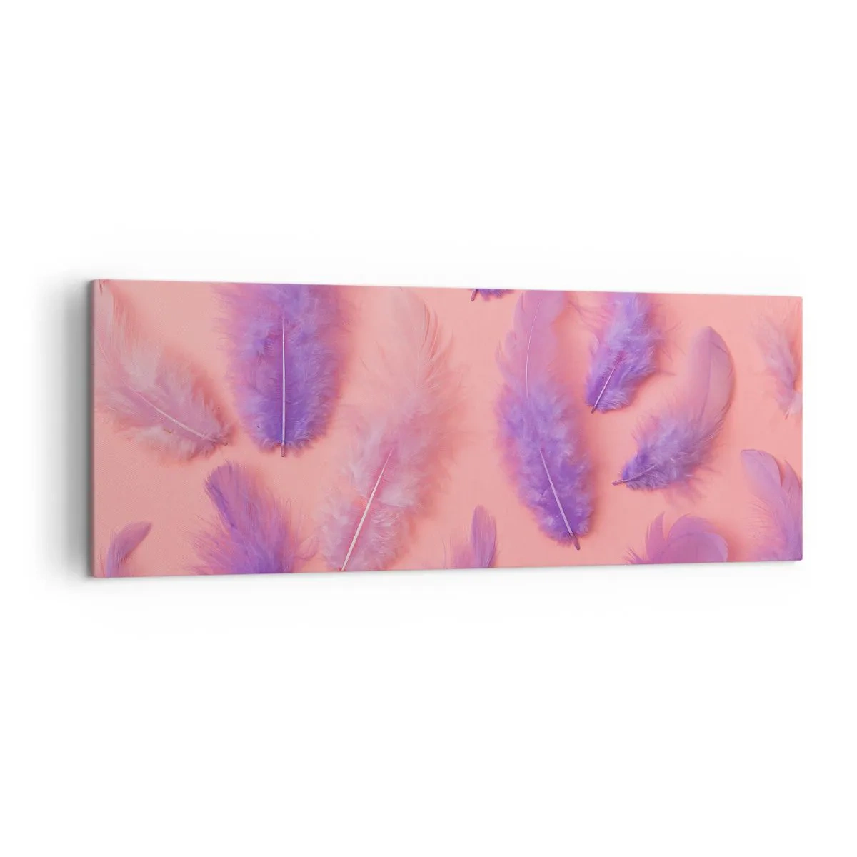 Impression sur toile - Image sur toile - Plumes violettes et roses sur fond pastel - 140x50cm - Oiseau de désir lilas - Décoration murale moderne pour le salon et la chambre ARTTOR
