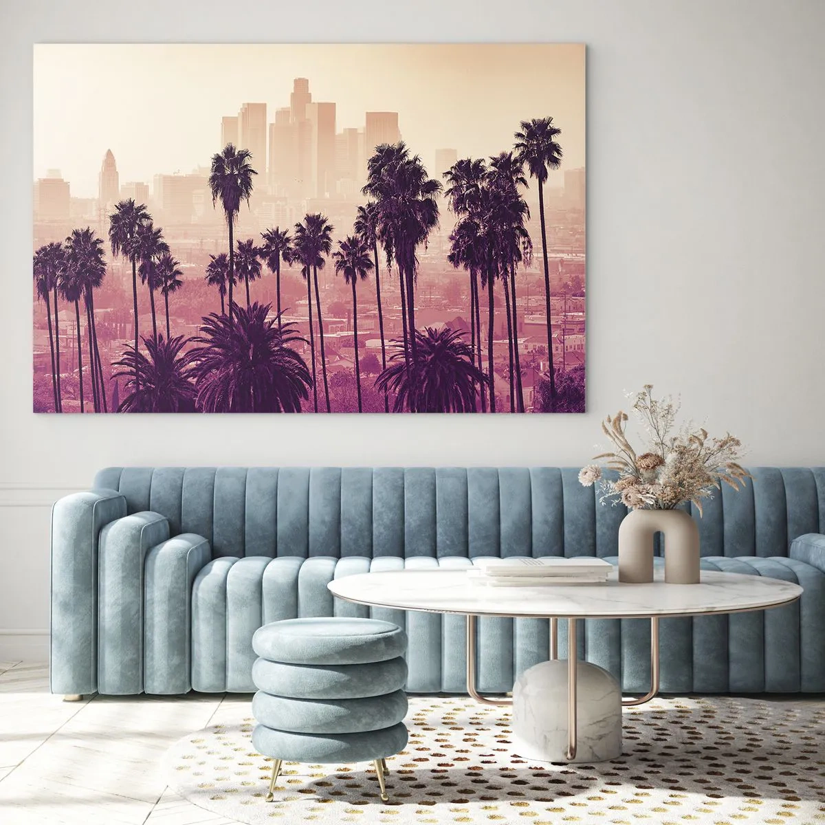 Impression sur verre - Image sur verre - Palmiers sur fond de skyline de la ville dans des tons chauds de coucher de soleil - 70x50cm - Paysage californien - Décoration murale moderne pour le salon et la chambre ARTTOR