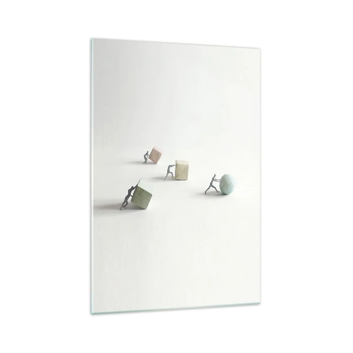 Impression sur verre - Image sur verre - Figurines miniatures poussant des formes sur un fond clair - 70x100cm - Rien que la vie - Décoration murale moderne pour le salon et la chambre ARTTOR