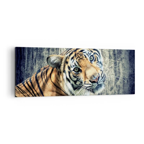 Impression sur toile - Image sur toile - Un tigre couché contre un mur à la texture rugueuse - 140x50cm - Portrait dans les flots de lumière - Décoration murale moderne pour le salon et la chambre ARTTOR