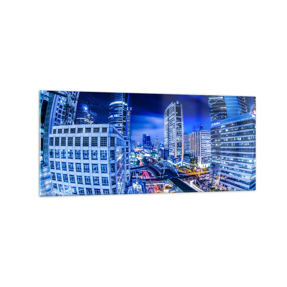 Impression sur verre - Image sur verre - Panorama nocturne de la ville avec gratte-ciels et lampadaires - 120x50cm - Rythmes de la ville nocturne - Décoration murale moderne pour le salon et la chambre ARTTOR