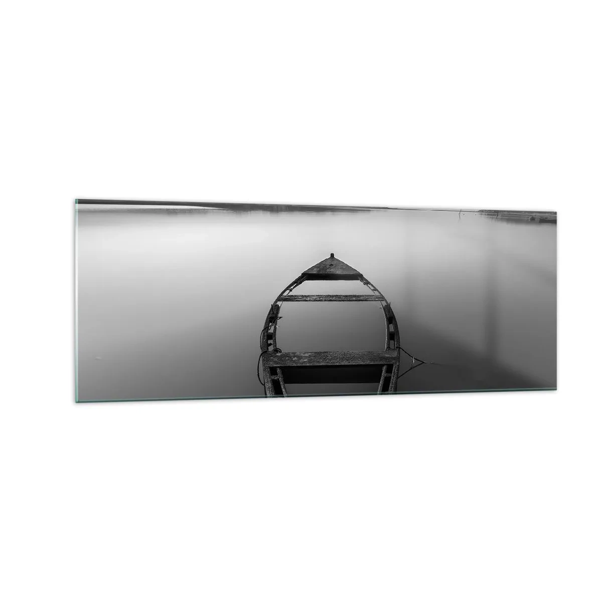 Impression sur verre - Image sur verre - Un bateau solitaire sur un lac calme dans des tons de noir et blanc - 140x50cm - Nostalgie et mélancolie - Décoration murale moderne pour le salon et la chambre ARTTOR